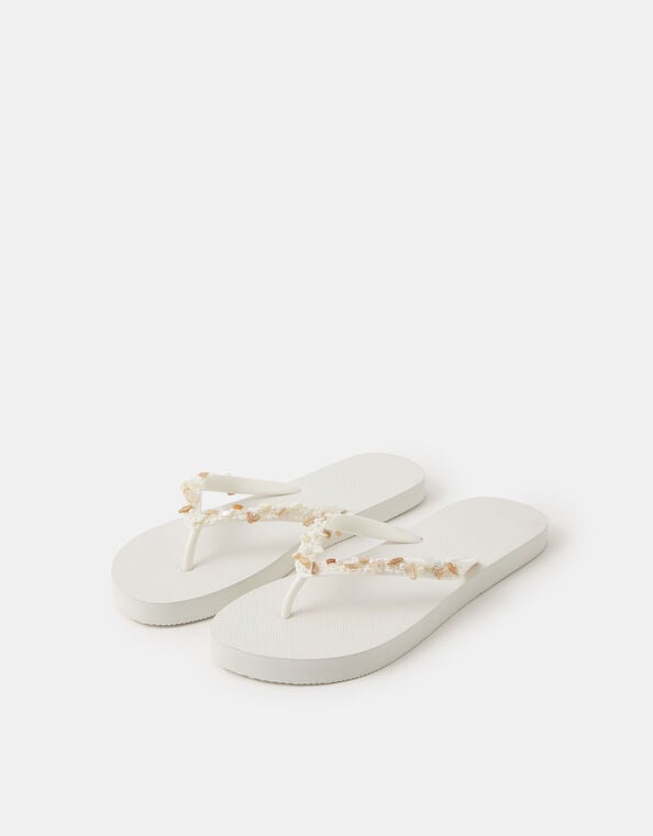 Bead Embellished Flip Flops, White (WHITE), large
