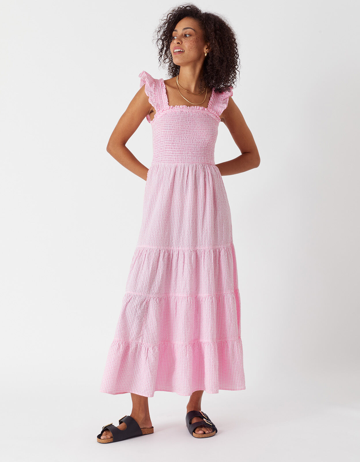 Ruffle Strap Gingham Tiered Dress Pink