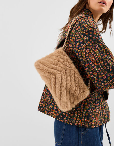 Faux Fur Chain Strap Shoulder Bag, , large