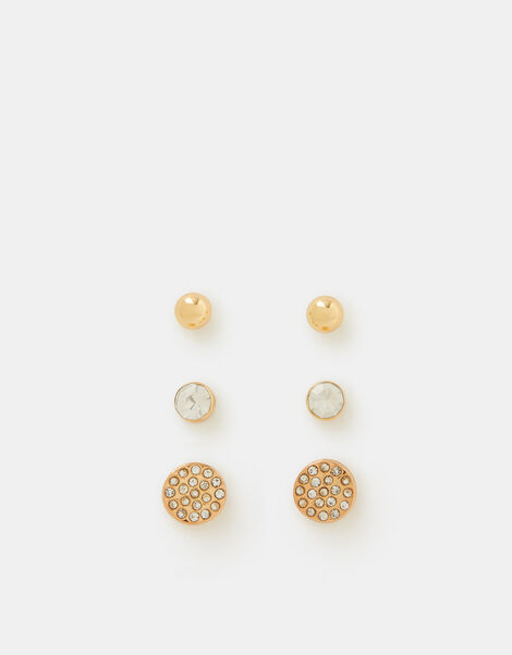 3-Pack Pav&eacute; Stud Earrings, Gold (GOLD), large