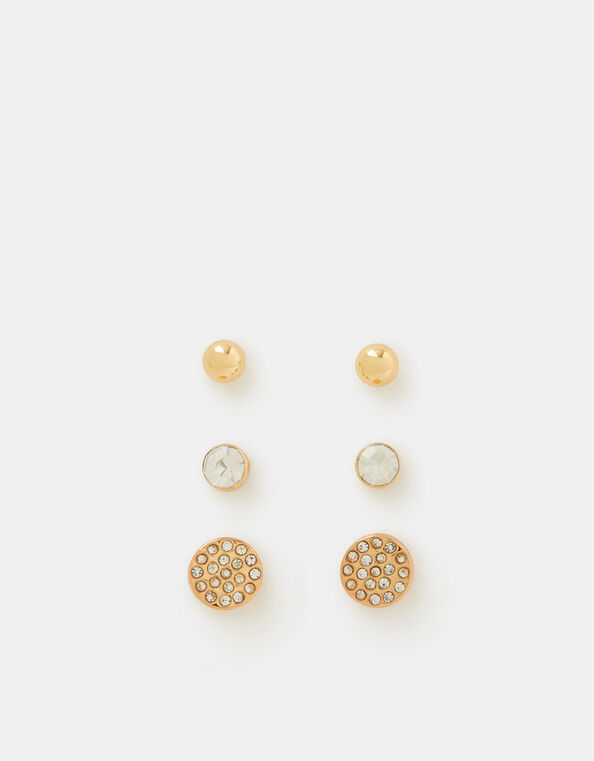 3-Pack Pav&eacute; Stud Earrings, Gold (GOLD), large