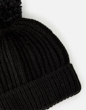 Chunky Knit Pom-Pom Beanie Hat, Black (BLACK), large