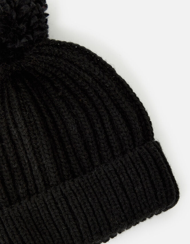 Chunky Knit Pom-Pom Beanie Hat, Black (BLACK), large