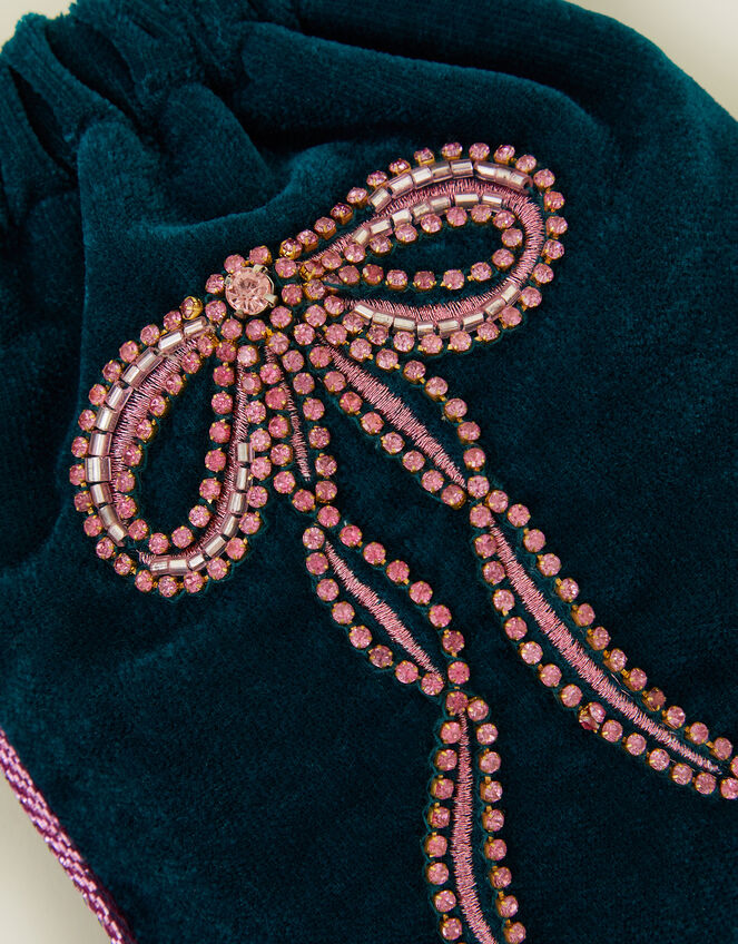 Embellished Bow Velvet Drawstring Bag, , large