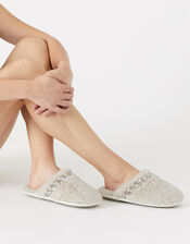 Gem Embellished Faux Fur Slippers, Cream (CREAM), large