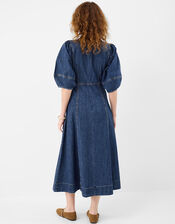 Puff Sleeve Denim Midi Dress, Blue (BLUE), large