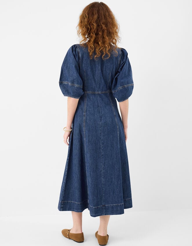 Puff Sleeve Denim Midi Dress, Blue (BLUE), large