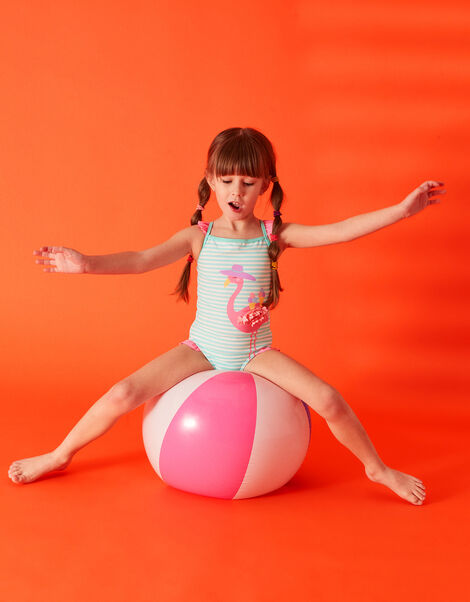 Girls Flamingo Stripe Swimsuit, Blue (BLUE), large