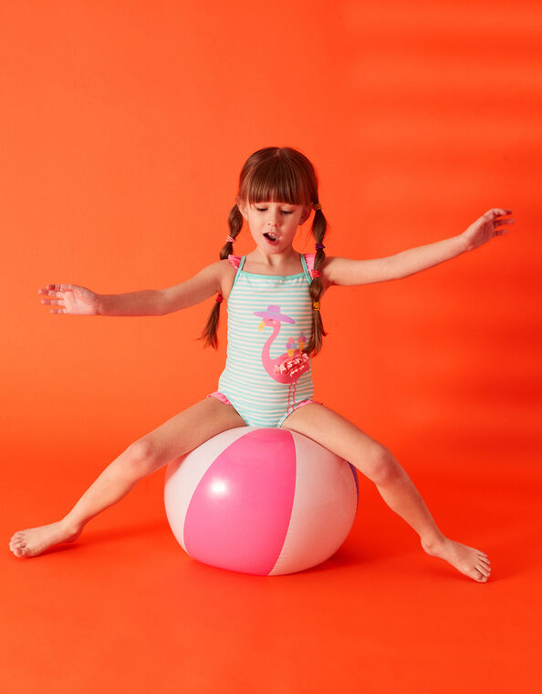 Girls Flamingo Stripe Swimsuit, Blue (BLUE), large