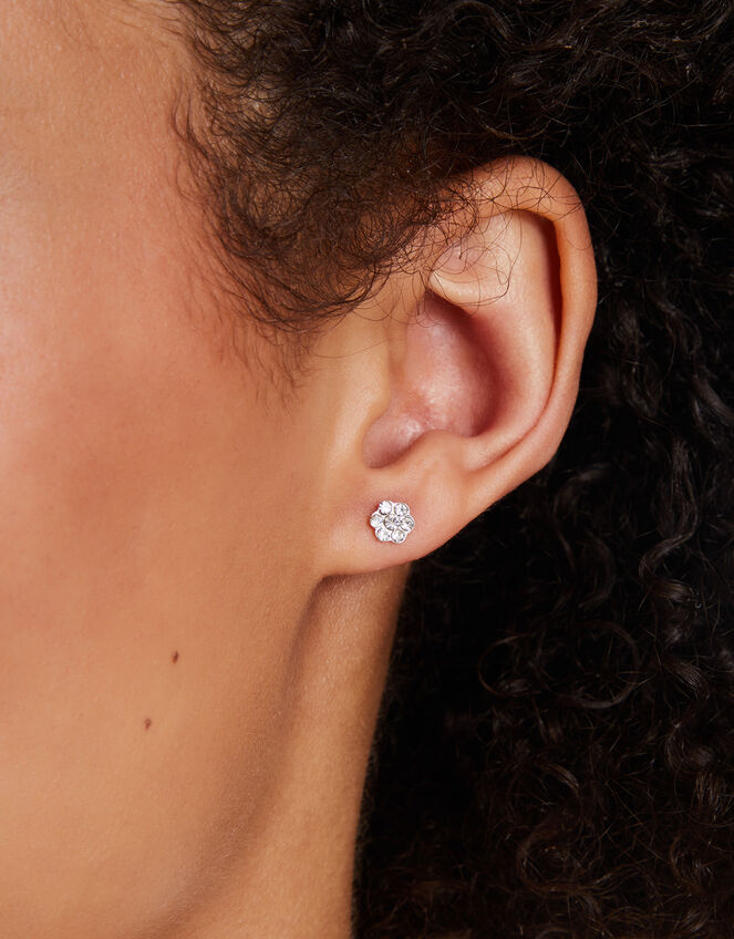 Sterling Silver-Plated Sparkle Flower Studs, , large