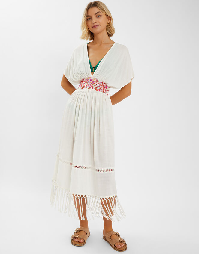 Palm Embroidered Fringe Kaftan Dress, Ivory (IVORY), large