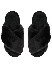 Fluffy Peep-Toe Slipper Sliders, Black (BLACK), large