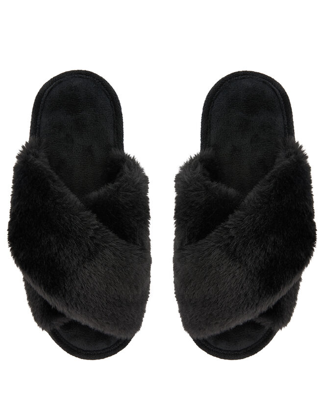 Fluffy Peep-Toe Slipper Sliders, Black (BLACK), large
