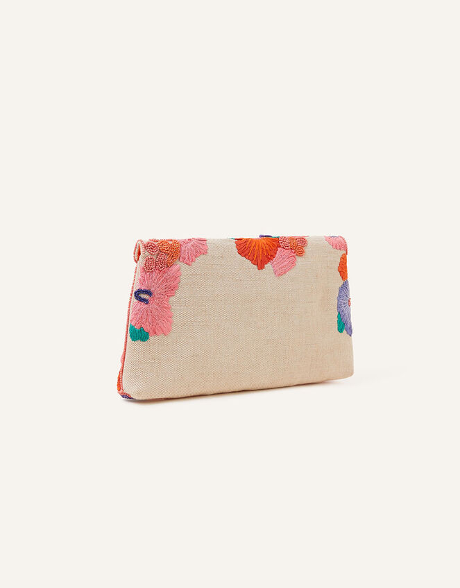 Raffia Embellished Floral Clutch Bag, , large