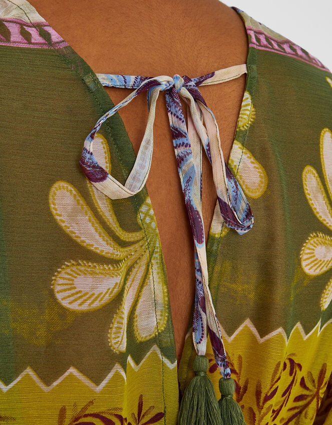 Palm Print Mini Kaftan Dress, Green (KHAKI), large