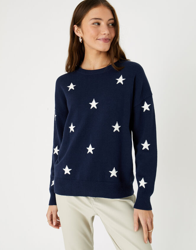 Star Crew Neck Jumper, Blue (NAVY), large