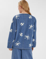 Floral Embroidered Chambray Tie Jacket, Blue (BLUE), large