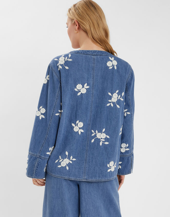 Floral Embroidered Chambray Tie Jacket, Blue (BLUE), large