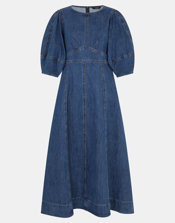 Puff Sleeve Denim Midi Dress, Blue (BLUE), large
