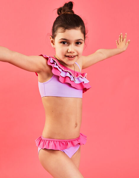 Girls Pom-Pom Frill Bikini Set, BRIGHTS MULTI, large