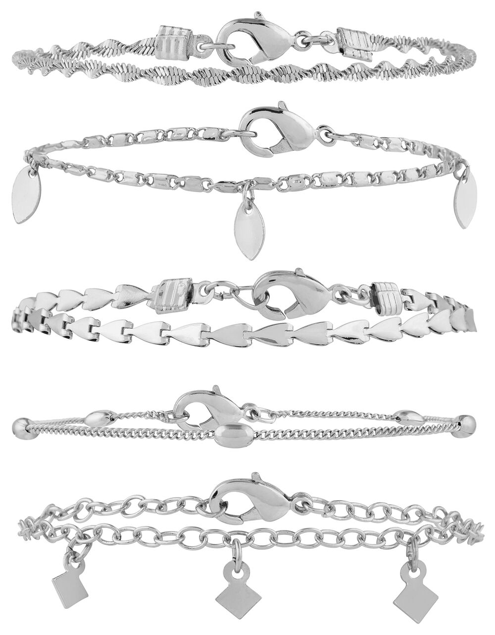 5x Delicate Chain Bracelet Pack, Silver (SILVER), large
