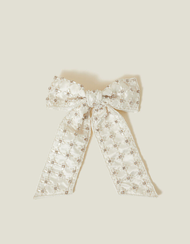 Pearl Diamante Bow Hair Clip, , large