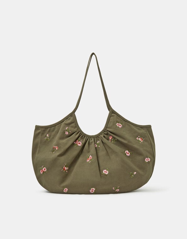 Oversized Floral Embroidered Shoulder Bag, , large