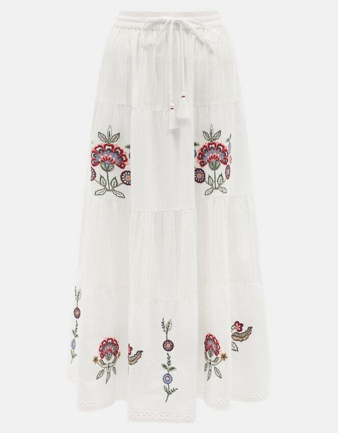 Floral Embroidered Tiered Maxi Skirt, Ivory (IVORY), large