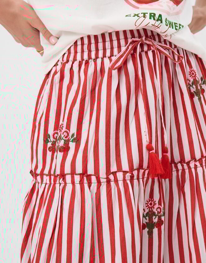 Cherry Embroidered Stripe Midi Skirt, Red (RED), large