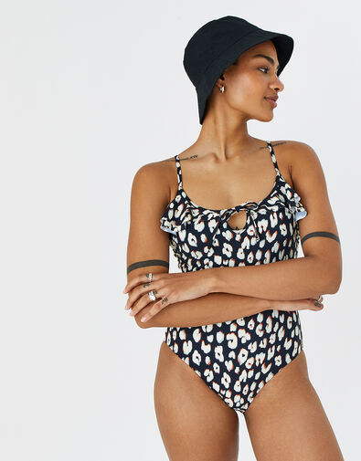 Animal Print Frill Swimsuit, Black (BLACK WHITE), large