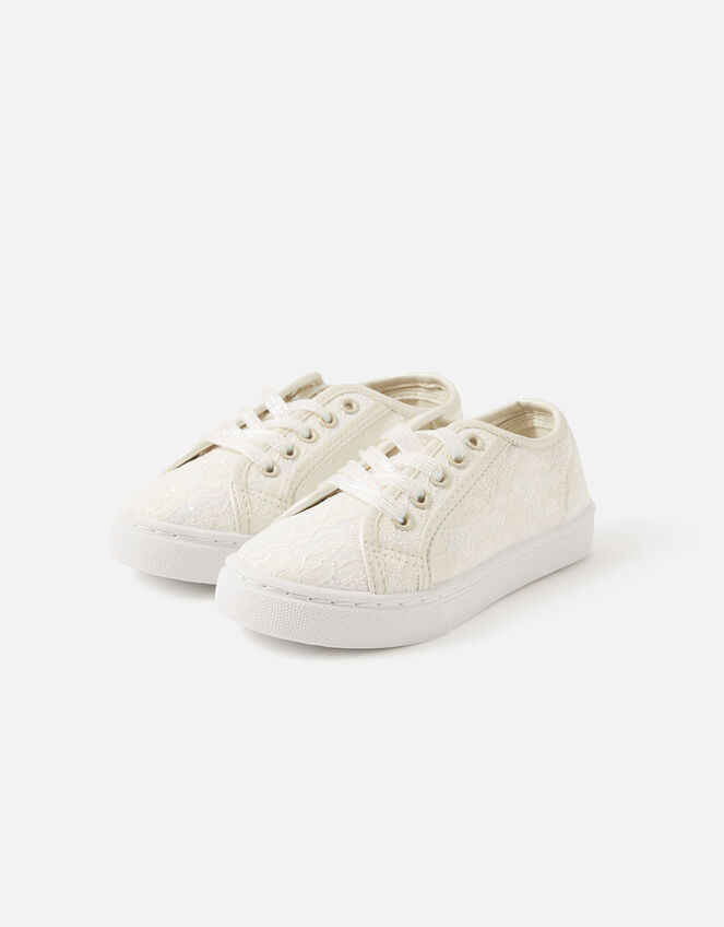 Girls Lace Glitter Trainers, Ivory (IVORY), large
