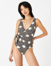 Palm Leaf Wrap Swimsuit, Black (BLACK), large