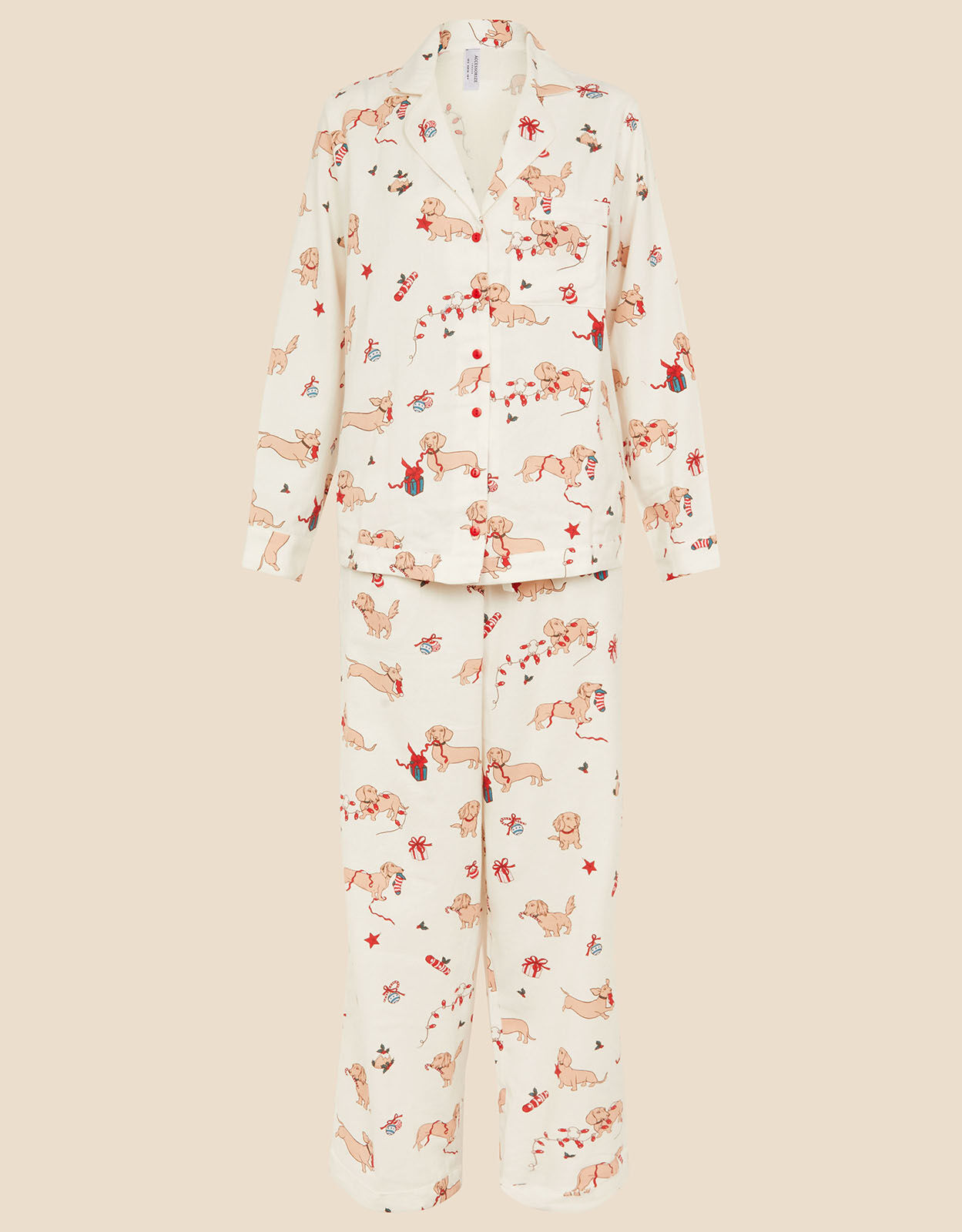 Christmas Sausage Dog Print Pyjama Set Ivory