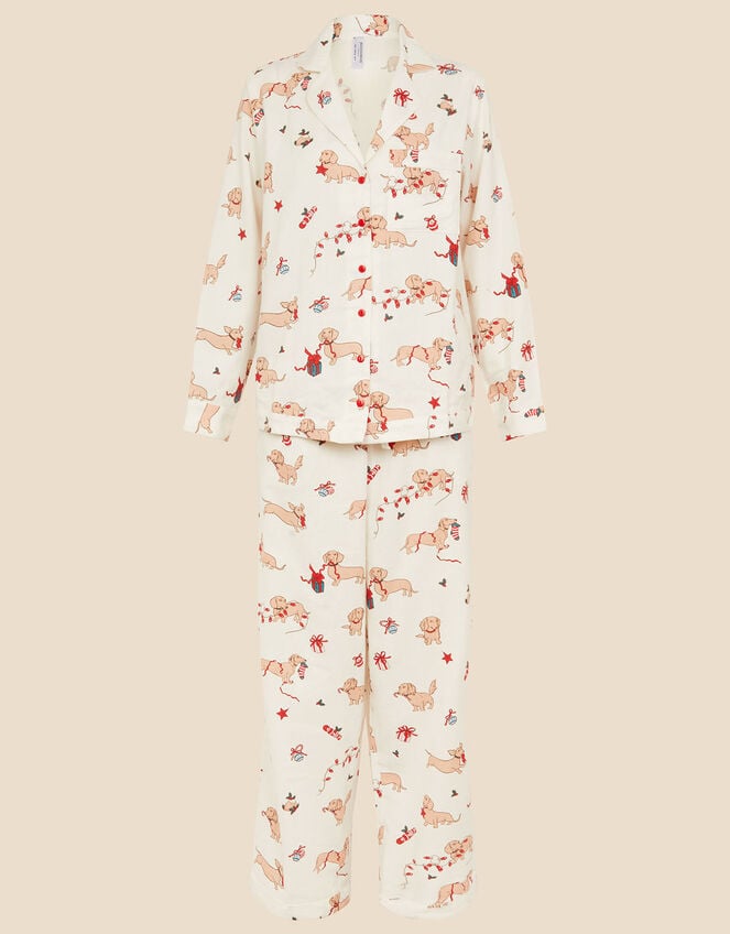 Christmas Sausage Dog Print Pyjama Set, Ivory (IVORY), large