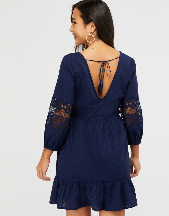 Lace Insert Smock Dress in Organic Cotton, Blue (NAVY), large