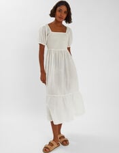 Embroidered Puff Sleeve Midi Dress, White (WHITE), large