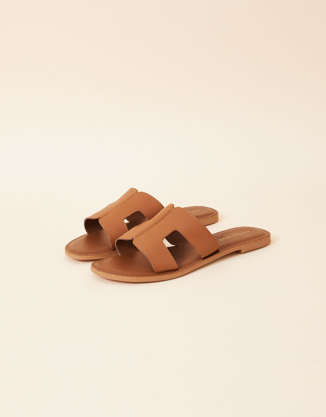 Leather Cut-Out Detail Sliders, Tan (TAN), large