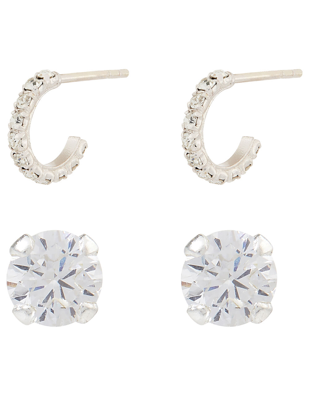 Sterling Silver Diamante Stud and Mini Hoop Earring Set Sterling