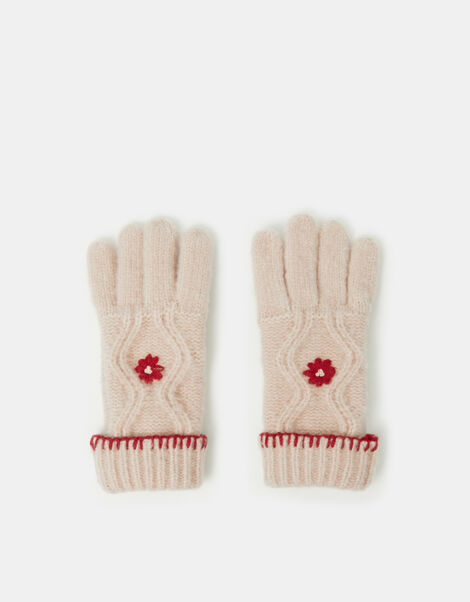 Girls Flower Cable Knit Gloves, Natural (NATURAL), large