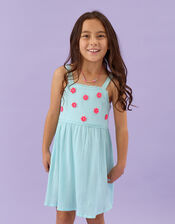 Girls Sleeveless Floral Embroidered Dress, Blue (BLUE), large