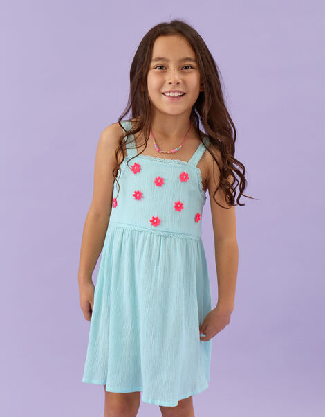 Girls Sleeveless Floral Embroidered Dress, Blue (BLUE), large