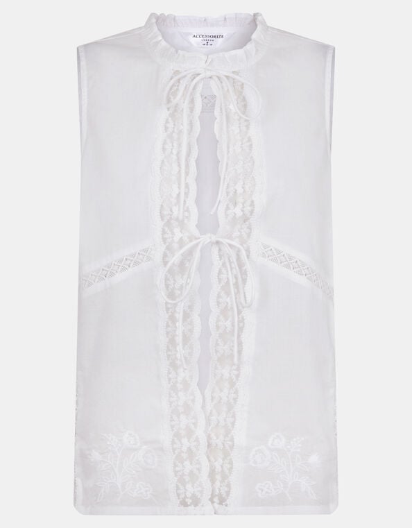Floral Lace Tie-Front Waistcoat, White (WHITE), large