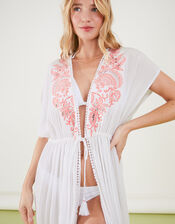 Shell Embroidered Tie Waist Kaftan, White (WHITE), large
