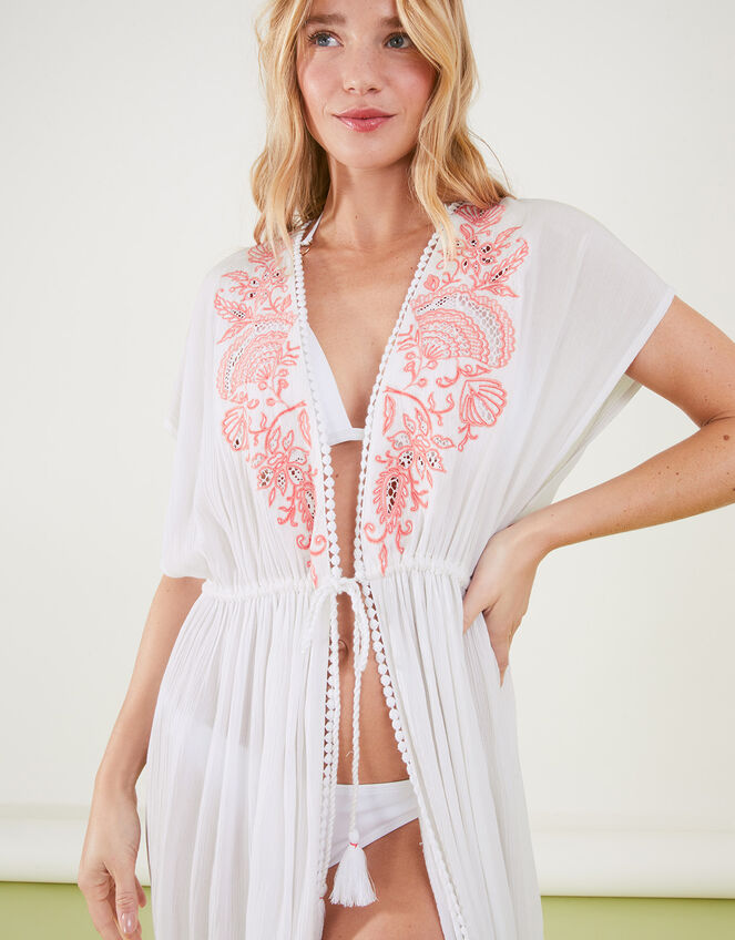 Shell Embroidered Tie Waist Kaftan, White (WHITE), large