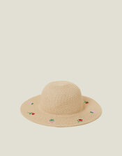 Girls Strawberry Embroidered Straw Hat, Natural (NATURAL), large