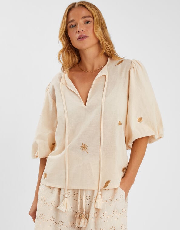 Puff Sleeve Embroidered Top, Natural (NATURAL), large