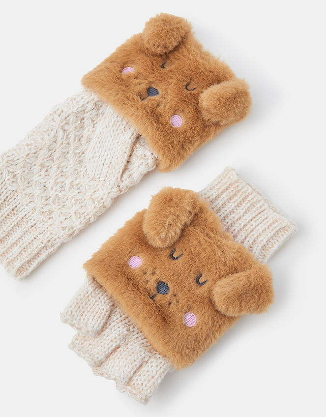 Girls Dog Fingerless Gloves with Mittens, Tan (TAN), large