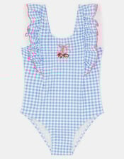 Girls Embellished Cherry Gingham Swimsuit, Blue (BLUE), large
