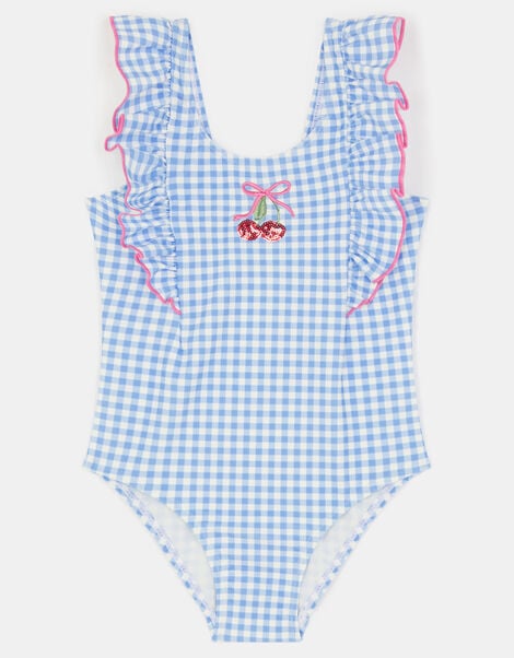 Girls Embellished Cherry Gingham Swimsuit, Blue (BLUE), large