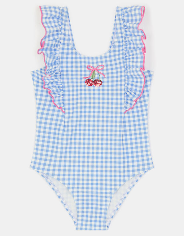 Girls Embellished Cherry Gingham Swimsuit, Blue (BLUE), large